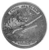 The Storming of Vasa, 1714, a copper medal by T. Haupt, bust of Peter the Great right, reverse plan of the battle of...