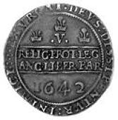 Charles I (1625-1649), Crown, 1642, Shrewsbury horseman, groundline below, Shrewsbury plume in field, reverse three...