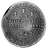 Charles I (1625-1649), Pound, 1642, mm. Oxford plume (obverse only), Shrewsbury horseman riding over arms and...