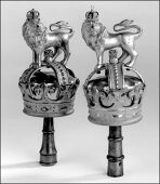 Infantry Colour Pole Heads, a very scarce pair, c1902-1952, large ornate Royal Crests, one marked on base ‘Hobson...
