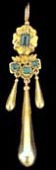 Ear-rings: An attractive pair of early 19th century 18ct gold and emerald drop ear-rings with top flowerhead, with...