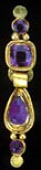 Ear-rings: An 18ct gold and amethyst drop ear-rings set, with top square collet and pear-shape drop ropework...