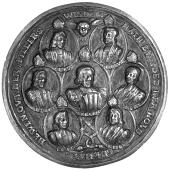 Stability of the Anglican Church, 1688, a cast silver medal, unsigned, Jesuit and monk attempting to undermine a...