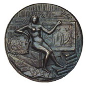 France, Georges Wildenstein, 1938, a cast bronze medal by R. Iché, bust left, rev. naked female seated with framed...