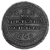 Spanish Netherlands, Oxford mint, Pound, 1643, mm. plume (with bands) on obv. only, large horseman of fine...