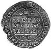 Spanish Netherlands, Bristol mint, Shilling, 1644, armoured bust in lace collar, plumelet in front of face, cross of...