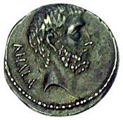 Roman Republic, M. Junius Brutus, Denarius, 54 BC, Rome, bare head of L. Junius Brutus, brvtvs behind, rev. bearded...