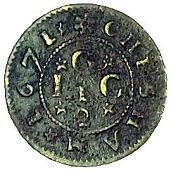 17th Century, Chesham, John Grover, Halfpenny, 1671, mm. pierced sexfoil both sides, iohn·grover·in, figure...