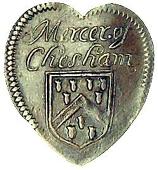 17th Century, Chesham, Thomas Hall, heart-shaped Halfpenny, large roll of cloth, ends of rod invisible, rev....