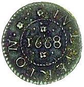 17th Century, Emberton, John Peirceson, Farthing, 1668, scales, 0.67g/12h (Berry & Morley 82; BW. 56). Very fine and...