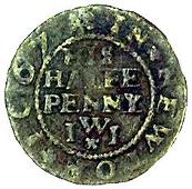 17th Century, Newton Longville, Jeffery Willison, Halfpenny, roll of tobacco dividing two pipes, 2.05g/3h (Berry &...