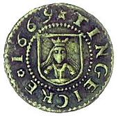17th Century, Tingewick, George Drury, Halfpenny, 1669, Mercers’ arms, 1.97g/6h (Berry & Morley 178; SCBI Norweb...
