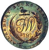 18th Century, Aylesbury, Francis Wheeler, mule Halfpenny, 1797, Justice seated right, holding sword and scales, rev....