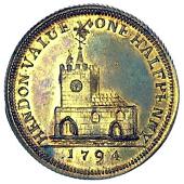 18th Century, Aylesbury, Skidmore’s mule Halfpenny, Justice seated right, holding sword and scales, rev. church,...