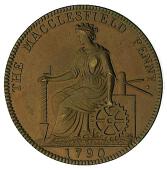 18th Century, Cheshire, Cheshire, Macclesfield, Roe & Co, Penny, 1790, bust of Charles Roe right, rev. Genius...