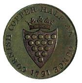 18th Century, Cornwall, Cornwall, Truro, Cornish Metal Co, Proof Halfpenny, 1791, druid’s head left within wreath,...