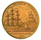 18th Century, Durham, Durham, Sunderland, issuer uncertain, Wyon’s Penny, 1797, view of a bridge, rev. two ships...