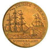 18th Century, Durham, Durham, Sunderland, issuer uncertain, Wyon’s Penny, 1797, view of a bridge, rev. two ships...