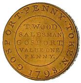 18th Century, Hampshire, Hampshire, Gosport, T. Wood, Jacobs’ Penny, 1798, flags and drum, rev. t wood salesman,...
