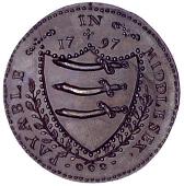 18th Century, Middlesex, Middlesex, Denton’s ‘Swan’ Penny, 1797, swan swimming, rev. arms (DH 174). Extremely...