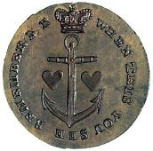 18th Century, Middlesex, Middlesex, T. Spence, Halfpenny, Pandora’s breeches, rev. crown and anchor (DH 839a)....