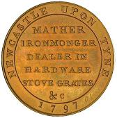 18th Century, Northumberland, Northumberland, Newcastle, W. Mather, Penny, 1797, Justice supporting shield, rev....