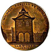 18th Century, Staffordshire, Staffordshire, Tamworth, J. Harding, Penny, 1799, castle, rev. Town Hall (DH 9). Usual...