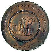 18th Century, Worcestershire, Worcestershire, County, Skidmore’s Penny, dove standing on a lyre, rev. ms cypher...
