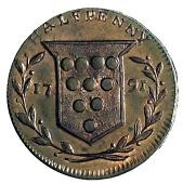 18th Century, Worcestershire, Worcestershire, Kidderminster, T. Santer, Halfpenny, 1791, woolpack, rev. arms (DH...
