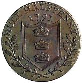 18th Century, Yorkshire, Yorkshire, Hull, Garton & Shackles, Halfpenny, 1791, equestrian statue of William III, rev....