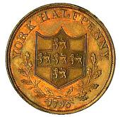 18th Century, Yorkshire, Yorkshire, York, J.B. Carlill, Halfpenny, 1796, bust of Constantine the Great left, rev....