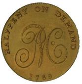18th Century, Wales, Anglesey, Trysclwyn, Parys Mine Co, Pattern Halfpenny, 1789, by J. Westwood, druid’s head...