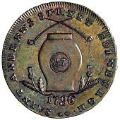 18th Century, Scotland, Lothian [Midlothian], Edinburgh, E. Campbell, Halfpenny, 1796, Highlander, rev. snuff jar,...