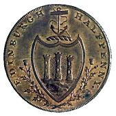18th Century, Scotland, Lothian [Midlothian], Edinburgh, T. and A. Hutchison, Halfpenny, 1790, St Andrew with cross,...