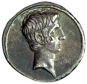 Octavian (27 BC-AD 14), Denarius, 29-27 BC, Rome, bare head right, rev. imp caesar on architrave of temple with...