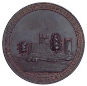 Loch Leven, Kempson’s Penny, 1797, castle remains, trees in front and figure at side, rev. girl with skirt lifted...