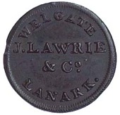 Lanark, J. Lawrie & Co, Farthing, legend both sides (DH 54). Light adjustment marks on reverse, otherwise about...