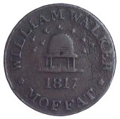 Moffat, William Walker, Farthing, 1817, bee-hive and bees, rev. GROCERIES HARDWARE &c WHOLESALE AND RETAIL (D. –;...