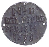 Ecclesgreig [St Cyrus], 1773, a uniface lead badge, eglsgrig parish, no.11 above, date below, 54mm, 56.78g (K & L...