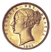 Victoria (1837-1901), Young Head, Sovereign,1883m, shield rev. (M 64; S 3854). Good extremely fine but slightly...