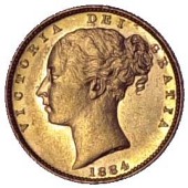 Victoria (1837-1901), Young Head, Sovereign,1884m, shield rev. (M 65; S 3854). Good extremely fine, but slightly...