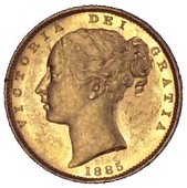 Victoria (1837-1901), Young Head, Sovereign,1885m, shield rev. (M 66; S 3854). Good extremely fine but slightly...