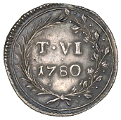 Malta, Six Tari, 1780, 5.87g/6h (RS 52, and pl.lxxxiii, 8, same dies; KM. 303.1). About extremely fine, attractively...