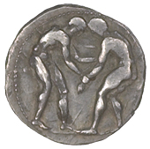 Asia Minor, PISIDIA, Selge, c. 380-380 BC, Stater, two nude wrestlers grappling, rev. slinger right, triskeles and...