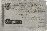Malta, Banco di Malta, Fifty Pounds, 18[55+], Valletta, unissued, printed by Batho & Co, London (Pick S164)....