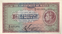 Malta, Government of Malta, Two Shillings and Sixpence, undated [1940], A/3 921369, perforated cancelled across...