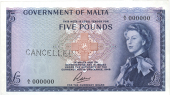 Malta, Government of Malta, Five Pounds, 1961, A/5 000000, Soler signature [1963], perforated cancelled at centre...
