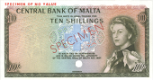 Malta, Central Bank of Malta, Colour Trial for the Ten Shillings, 1968, specimen in red across centre on both sides,...