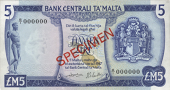 Malta, Bank Centrali ta’ Malta, Specimen Five Liri, 1973, B/1 000000, de Gabriele and Camilleri signatures,...