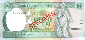 Malta, Bank Centrali ta’ Malta, Specimen Ten Liri, 1989, C/1 000000, specimen in red across centre (Pick 43)....